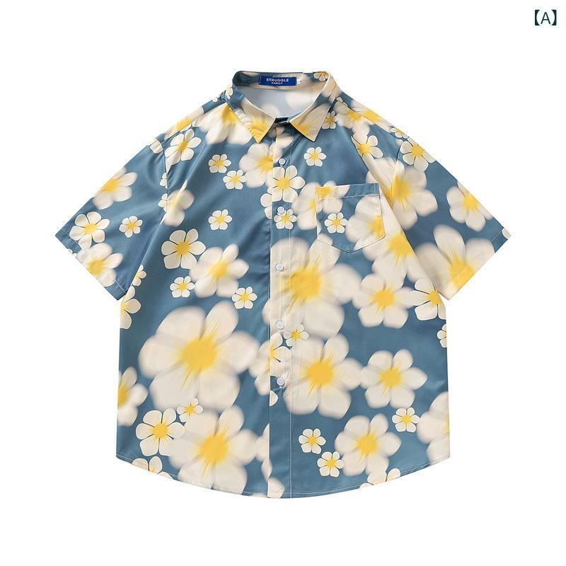 シャツ メンズ 開襟 小花柄 半袖 レトロ 香港風 ハワイアン リゾート カジュアル ビーチ ゆったり ポリエステル イージーケア 薄手 サマー