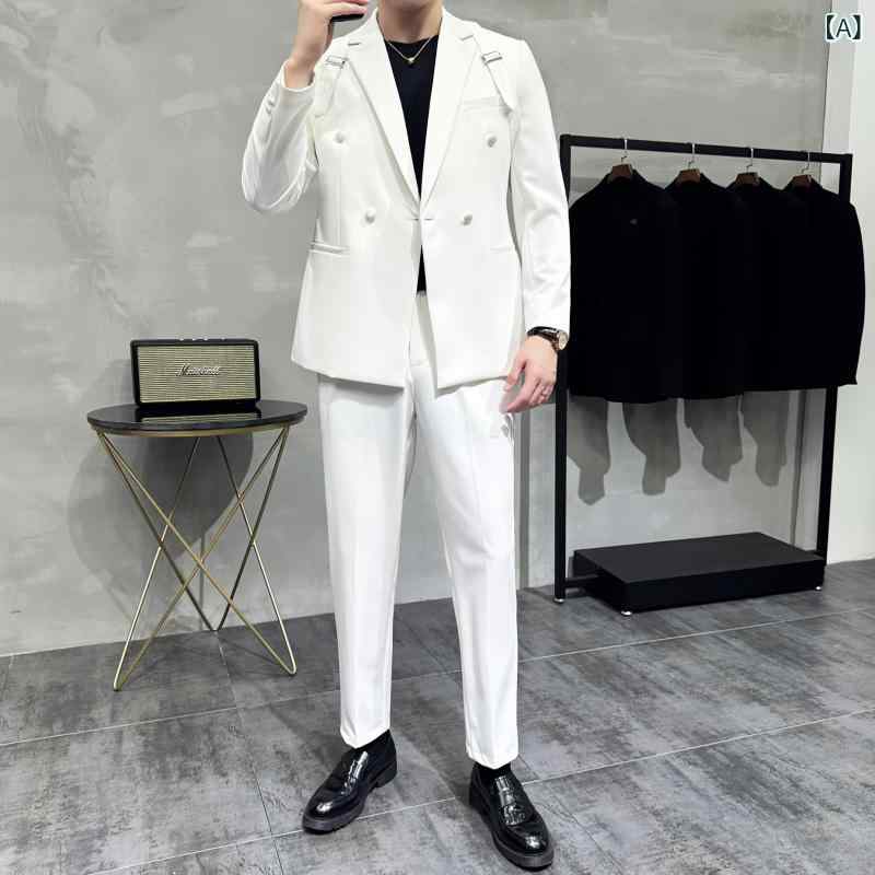 メンズ スーツ 韓国風 スタイリッシュ スリムフィット ダブルブレスト ツーピース セットアップ 無地 防シワ 結婚式 パーティー ビジネス フォーマル カジュアル