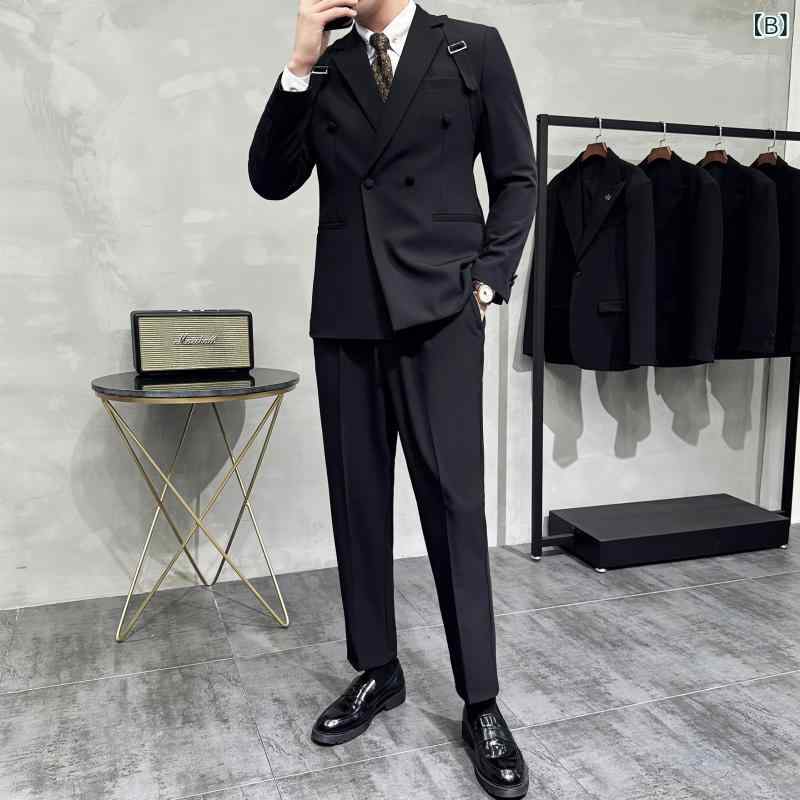 メンズ スーツ 韓国風 スタイリッシュ スリムフィット ダブルブレスト ツーピース セットアップ 無地 防シワ 結婚式 パーティー ビジネス フォーマル カジュアル