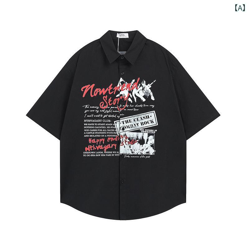 シャツ メンズ レディース 男女兼用 半袖 ゆったり オーバーサイズ オープンカラー レタープリント ロゴプリント 個性派デザイン レトロ 綿混 春夏 ビーチ リゾート 薄手 イージーケア