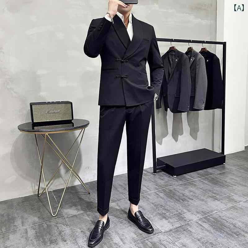 スーツ メンズ チャイナ風 チャイナボタン ショールカラー 礼服 フォーマル ブラック スリムフィット シワになりにくい ポリエステル混紡 宴会 パーティー 結婚式 2点セット