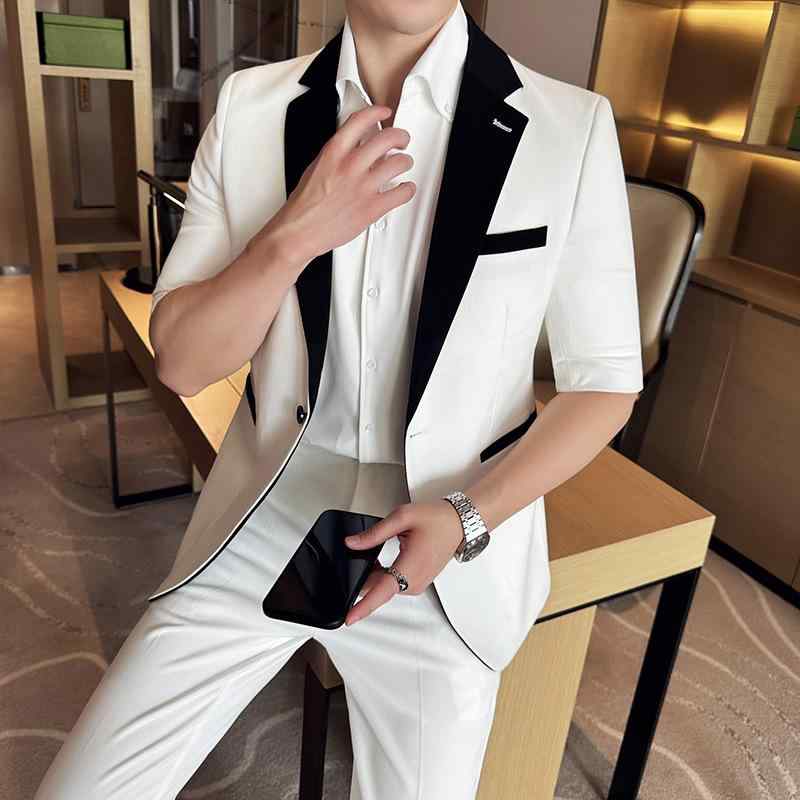 テーラードジャケット メンズ 五分袖 セットアップ スリムフィット 春夏 カジュアルスタイル ビジカジ シワになりにくい イージーケア ポリエステル混紡 高級感 切り替えデザイン シングルブレスト