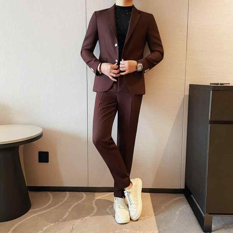 スーツ メンズ セットアップ 韓国風 スリム 細身 高級感 ワッフル素材 オールシーズン カジュアル ビジネス パーティー フォーマル 形態安定 イージーケア ジャケット ホワイト ブラック ブラウン ブルー