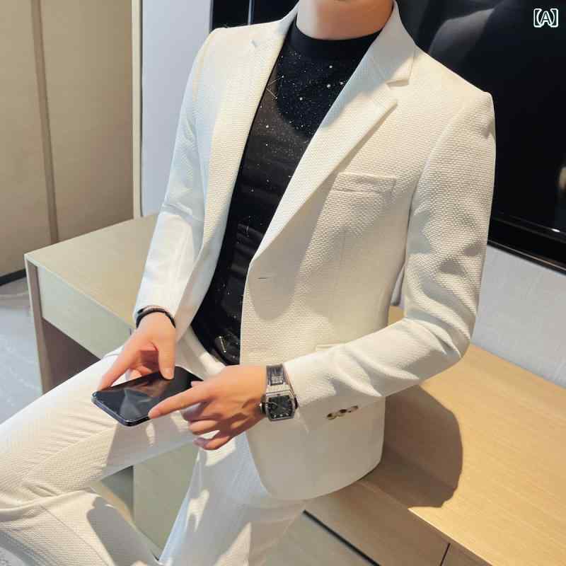 スーツ メンズ セットアップ 韓国風 スリム 細身 高級感 ワッフル素材 オールシーズン カジュアル ビジネス パーティー フォーマル 形態安定 イージーケア ジャケット ホワイト ブラック ブラウン ブルー