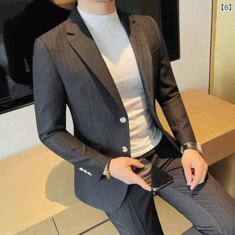 スーツ メンズ セットアップ 韓国風 スリム 細身 高級感 ワッフル素材 オールシーズン カジュアル ビジネス パーティー フォーマル 形態安定 イージーケア ジャケット ホワイト ブラック ブラウン ブルー