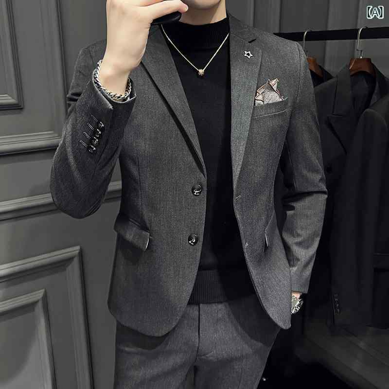 スーツ メンズ スリムフィット 2点セット ジャケット スラックス 結婚式 新郎 フォーマル ビジネス パーティー 礼服 しわになりにくい サイドベンツ 韓国風 グレー ブラック