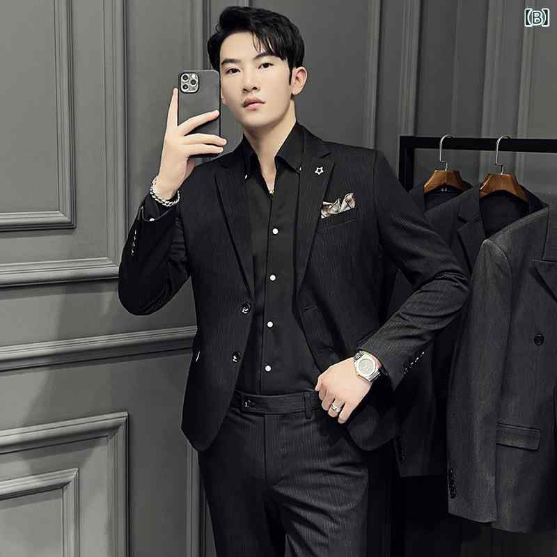 スーツ メンズ スリムフィット 2点セット ジャケット スラックス 結婚式 新郎 フォーマル ビジネス パーティー 礼服 しわになりにくい サイドベンツ 韓国風 グレー ブラック