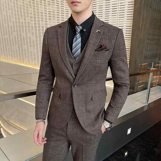 スーツ メンズ 男性用 格子柄 チェック柄 スリムフィット 混紡素材 ビジネス カジュアル パーティー 結婚式 フォーマル セレモニー 秋冬 韓国風 スリーピース セットアップ ブラウン ダークグレー ダークブルー スーツ メンズ 男性用 格子柄 チェック柄 スリムフィット 混紡素材 ビジネス カジュアル パーティー 結婚式 フォーマル セレモニー 秋冬 韓国風 スリーピース セットアップ ブラウン ダークグレー ダークブルー