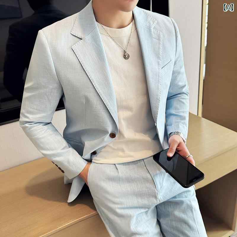 メンズ スーツ ジャケット セットアップ 春夏 リネン 麻混紡 軽量 薄手 通気性 シワになりにくい イージーケア カジュアル ビジカジ スリムフィット 無地