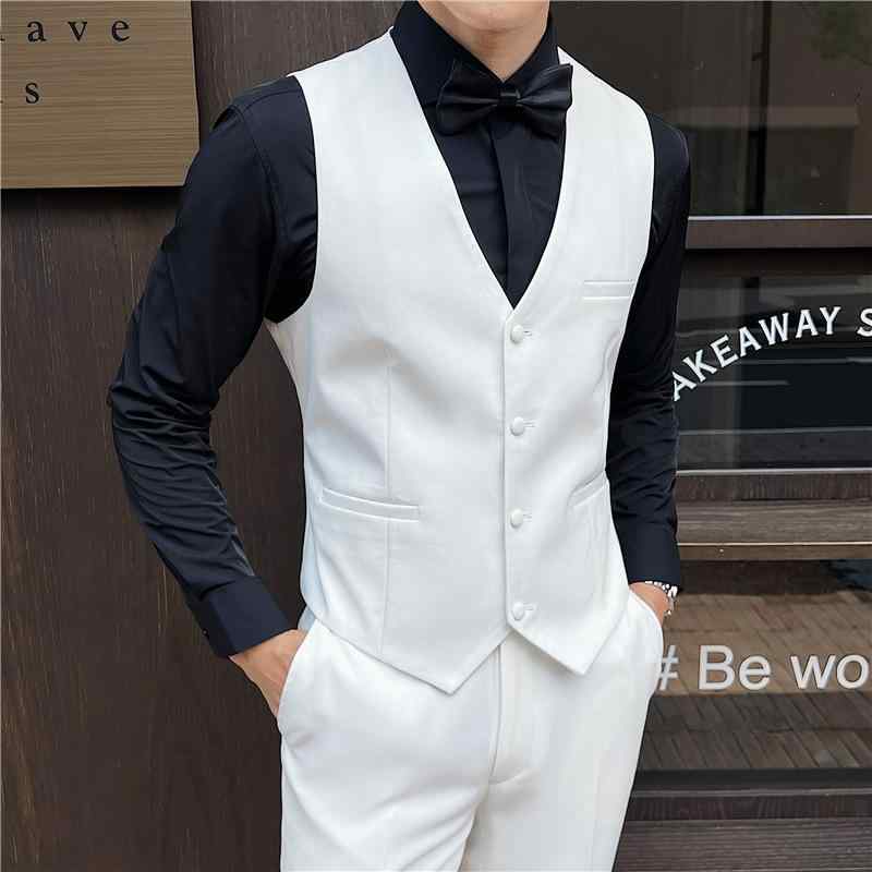 ベスト メンズ 男性用 結婚式 新郎 介添人 フォーマル 礼服 スラックス パンツ 2点セット スリムフィット Vネック レトロ クラシック ポリエステル混紡 ノーアイロン ホワイト ブラック