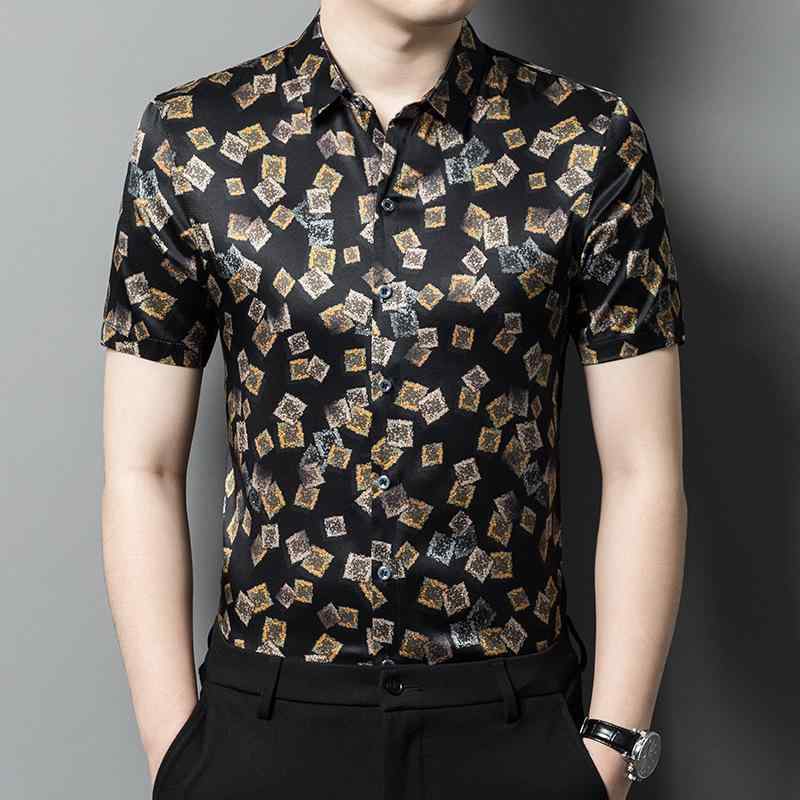 シャツ メンズ 桑蚕シルク 半袖 ゆったり 襟付き 花柄 ジャガード 通気性 吸湿速乾 カジュアル ビジネス 普段使い オフィス 春夏 トップス 高級感 大人 おしゃれ