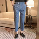 スラックス メンズ 男性 春夏 クロップド丈 ストレートパンツ ビジネス カジュアル 通勤 オフィス ウエストボタンデザイン ストレッチ ポリエステル グレー ブラック ブルー