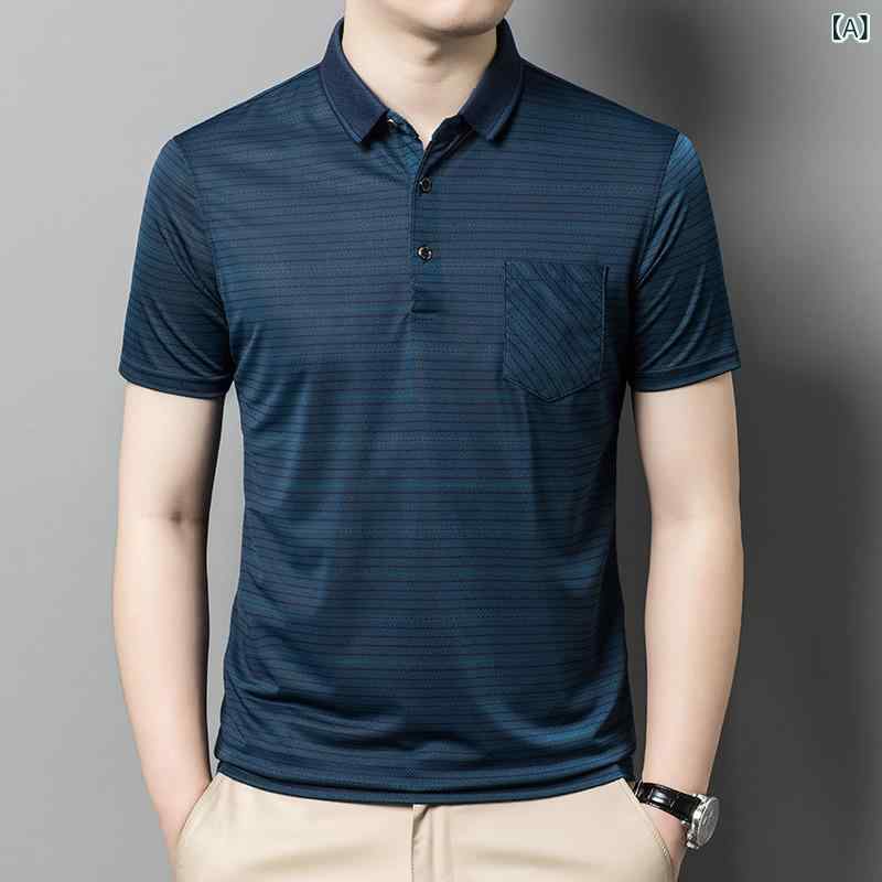 POLOシャツ メンズ 半袖 胸ポケット ストライプ柄 襟付きデザイン 再生繊維 ポリエステル混紡 薄手 ビッグシルエット カジュアルスタイル デイリーユース 洗濯可能 春夏
