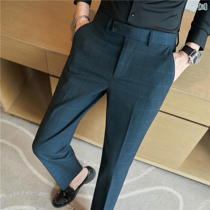 スラックス メンズ ビジネス カジュアル チェック柄 スリムフィット 防シワ ストレッチ ストレート ロングパンツ グリーン グレー 混紡素材