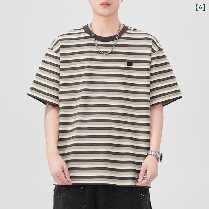 Tシャツ メンズ 半袖 ストライプ 切り替え ルーズフィット クルーネック レトロ ヴィンテージ カップル ペア ヘビーウェイト コットン 吸湿速乾 普段使い ドロップショルダー 夏