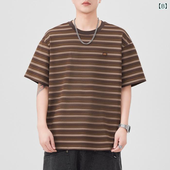 Tシャツ メンズ 半袖 ストライプ 切り替え ルーズフィット クルーネック レトロ ヴィンテージ カップル ペア ヘビーウェイト コットン 吸湿速乾 普段使い ドロップショルダー 夏