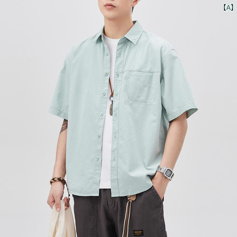 シャツ メンズ 半袖 綿100% ヘビーウェイト ワークシャツ 吸湿速乾 日系 レトロ カジュアル ビッグシルエット ゆったり 開襟 ライトグリーン ホワイト スモーキーブルー グレー 夏 トップス