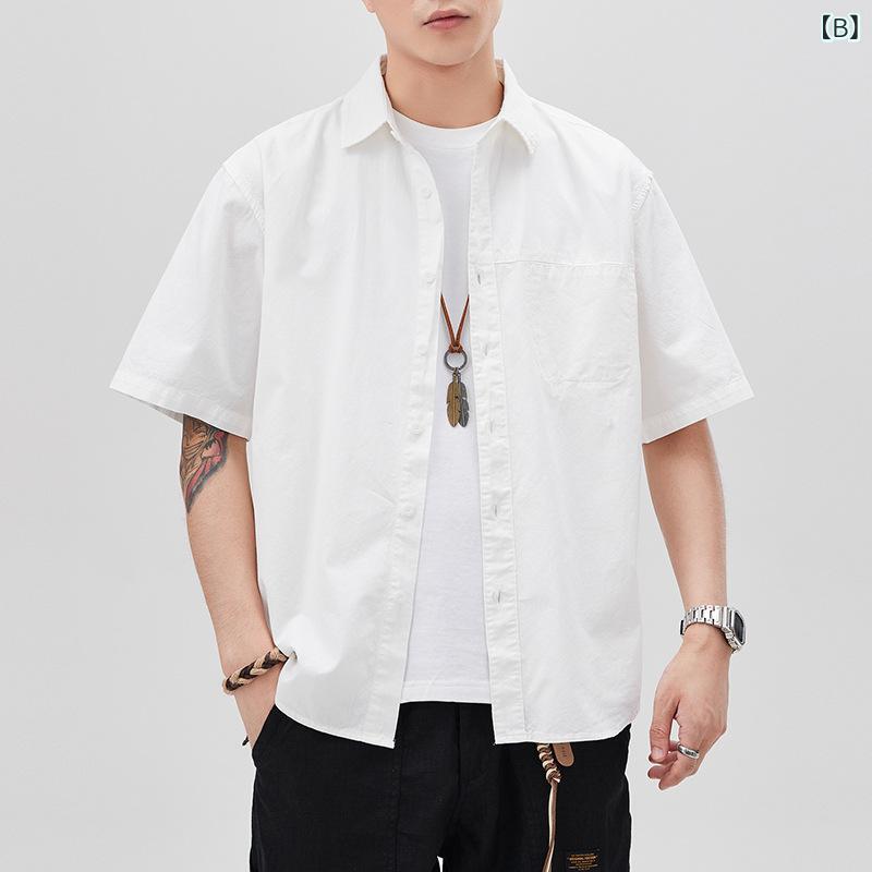 シャツ メンズ 半袖 綿100% ヘビーウェイト ワークシャツ 吸湿速乾 日系 レトロ カジュアル ビッグシルエット ゆったり 開襟 ライトグリーン ホワイト スモーキーブルー グレー 夏 トップス