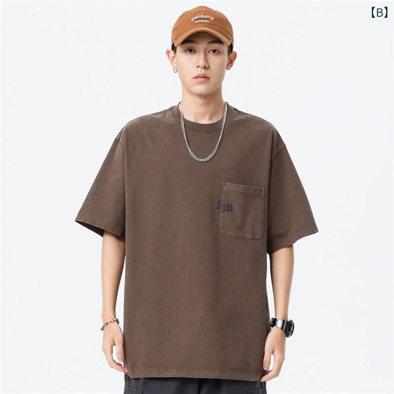 Tシャツ メンズ 半袖 綿 ヘビーウェイト 無地 アメリカン レトロ ウォッシュ加工 ルーズフィット 大きいサイズ カジュアル 春夏 吸湿速乾 クルーネック