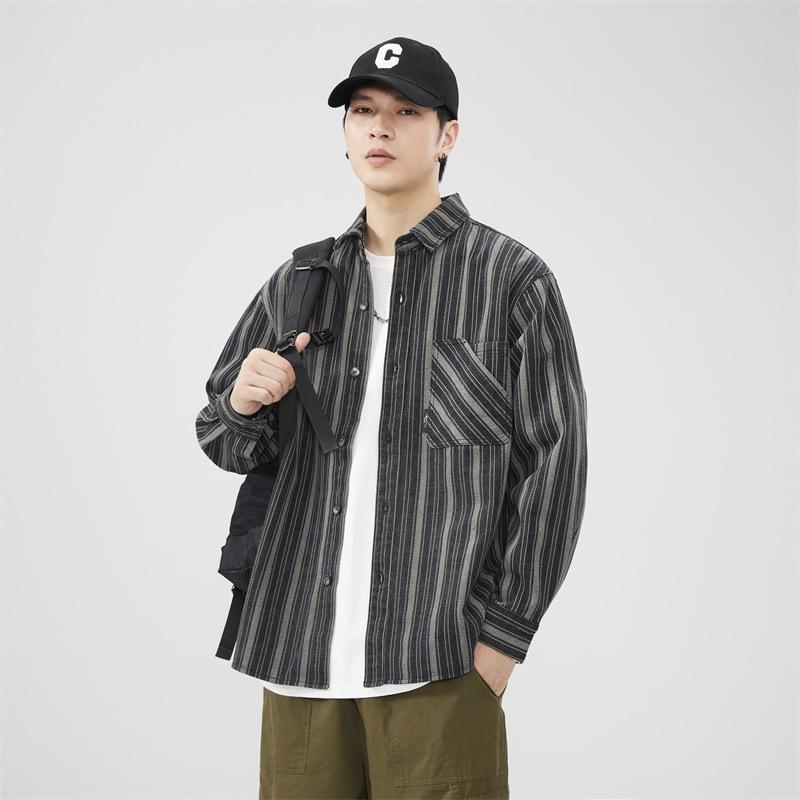 シャツ メンズ 男性 アメリカンヴィンテージ アメカジ 黒灰 ストライプ 長袖 ゆったり ルーズフィット ビッグシルエット 春秋 カジュアル 普段使い 綿混紡 耐摩耗性 再生繊維 着回し