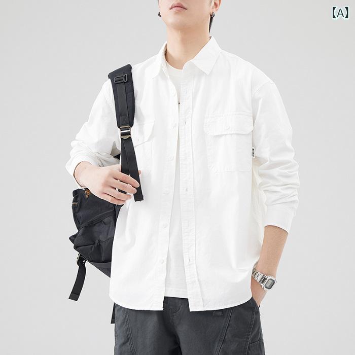 シャツ メンズ 日系 レトロ アメカジ シンプル ゆったり ルーズシルエット オーバーサイズ 綿 コットン 無地 襟付き 形態安定 カジュアル 普段使い ストリート 春秋