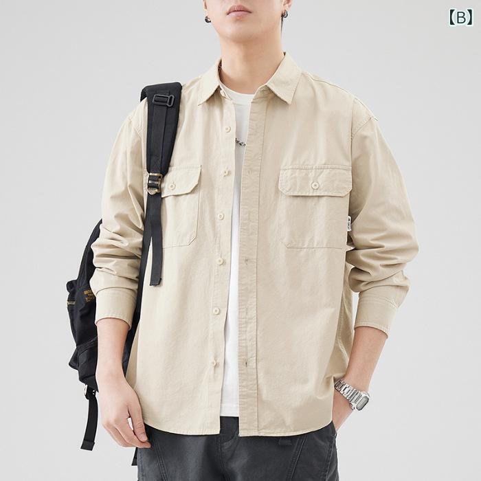 シャツ メンズ 日系 レトロ アメカジ シンプル ゆったり ルーズシルエット オーバーサイズ 綿 コットン 無地 襟付き 形態安定 カジュアル 普段使い ストリート 春秋