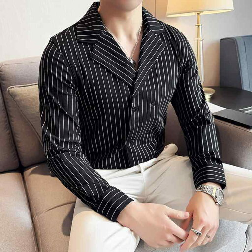 シャツ メンズ 男性用 ストライプ 長袖 スリムフィット ドレープ感 ダブルボタン ワイドカラー 形態安定 ポリエステル 春秋 デイリー カジュアル 白 黒