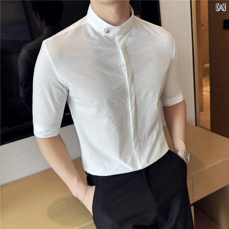 シャツ メンズ 男性用 スタンドカラー 五分袖 スリムフィット ストライプ サッカー生地 ストレッチ 高級感 ポリエステル混紡 春夏 カジュアル 普段使い