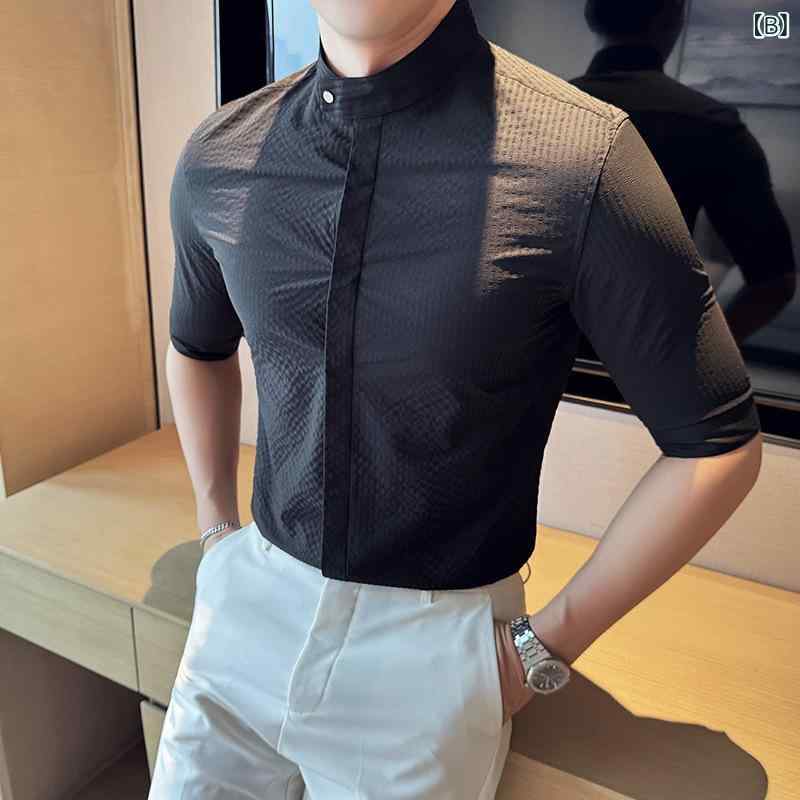 シャツ メンズ 男性用 スタンドカラー 五分袖 スリムフィット ストライプ サッカー生地 ストレッチ 高級感 ポリエステル混紡 春夏 カジュアル 普段使い