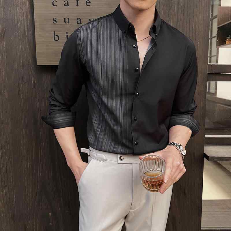 シャツ メンズ 長袖 縦ストライプ スタンドカラー スリムフィット ビジネス 通勤 オフィス カジュアル 普段使い ノーアイロン 形態安定 シワになりにくい ウォッシャブル 春秋 ポリエステル