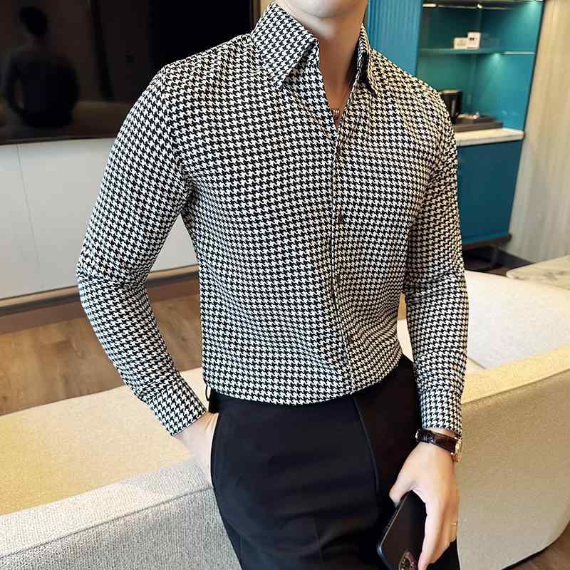 シャツ ワイシャツ メンズ 男性用 長袖 スリムフィット 細身 ビジネス 通勤 オフィス カジュアル 普段使い ポリエステル 高級感 千鳥格子柄 チェック柄 形態安定 レギュラーカラー