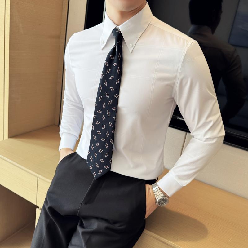 シャツ メンズ 男性 長袖 ロングポイントカラー ブリティッシュスタイル 紳士 トレンド ファッション チェック柄 格子柄 スリムフィット 細身 ポリエステル 混紡 アイロン不要 ノーアイロン カジュアル 普段使い 白 グレー 黒 春秋