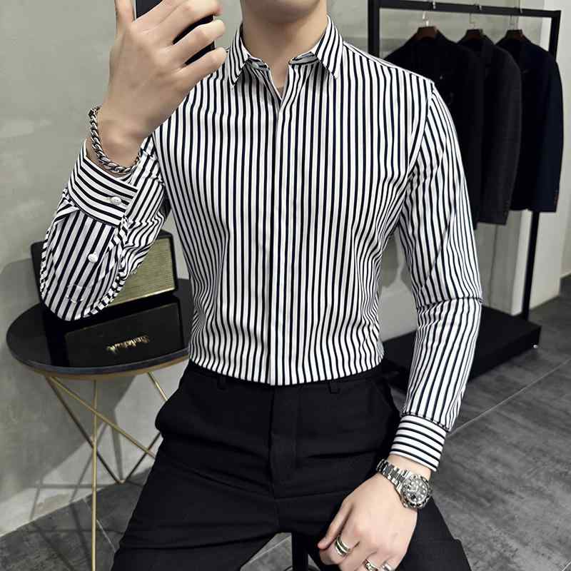 シャツ メンズ 青年 ストライプ 長袖 スリムフィット 細身 ビジネスカジュアル ビジネス カジュアル 通..