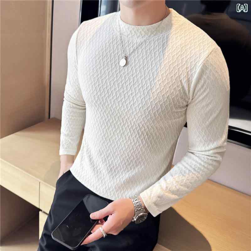 Tシャツ メンズ 男性用 ハイネック 長袖 スリムフィット ベルベット 厚手 インナー 無地 秋冬 普段使い ポリエステル 白 黒 青