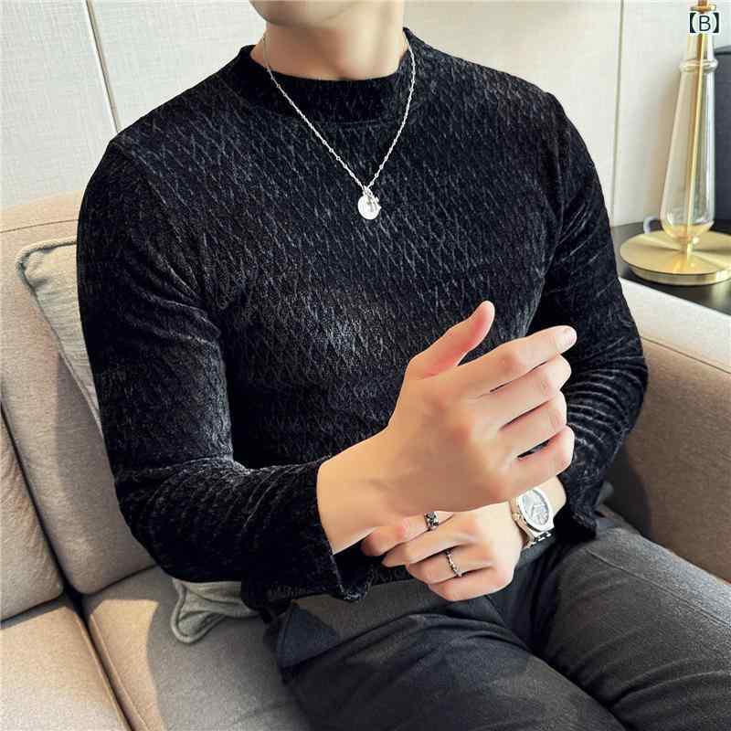 Tシャツ メンズ 男性用 ハイネック 長袖 スリムフィット ベルベット 厚手 インナー 無地 秋冬 普段使い ポリエステル 白 黒 青