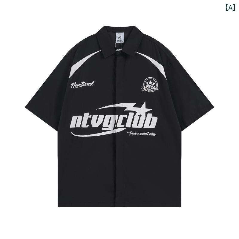 シャツ メンズ 半袖 レタープリント ルーズフィット ビッグシルエット オープンカラー アメリカン ヒップホップ レトロ ポリエステル 薄手 防シワ ビーチ リゾート カジュアル 普段使い 春夏