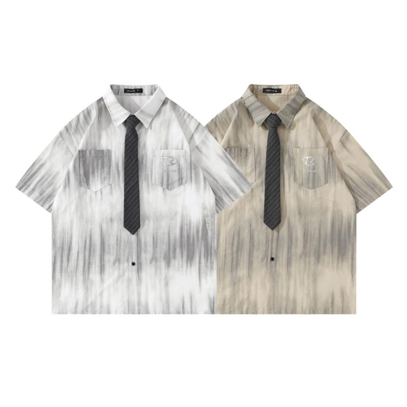 シャツ 男女兼用 カップル 半袖 レトロ ストリートカジュアル ゆったり オーバーサイズ サマー リゾート 普段使い 綿混 薄手 ノーアイロン 文字柄 オープンカラー ホワイト カーキ