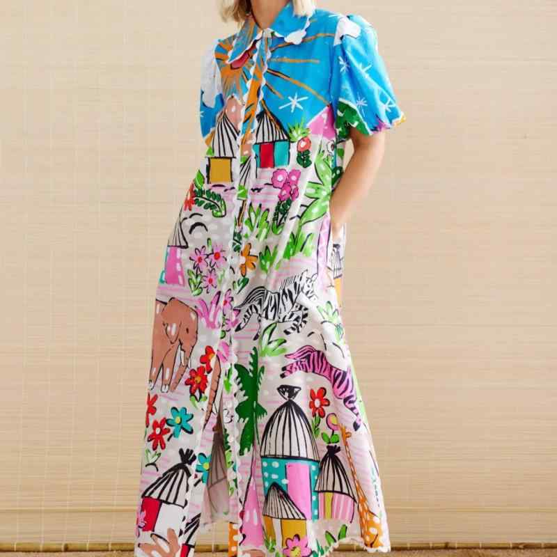ワンピース レディース 麻 リネンブレンド 植物花柄 プリント シャツ襟 前開き カーディガン風 Aライン 半袖 ミモレ丈 ゆったり 上品 エレガント 通勤 秋冬