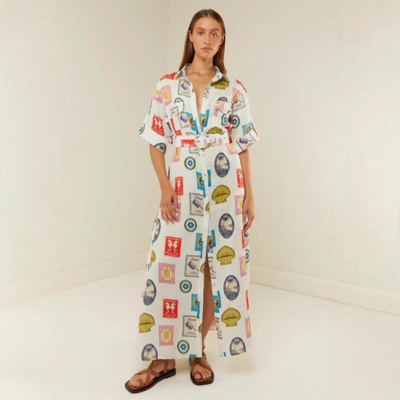 レディース シャツワンピース カジュアル おしゃれ リネン 半袖 ロング丈 テーラードカラー ベルト付き 前開き アニマル柄 エレガント 通勤 オフィス 秋冬