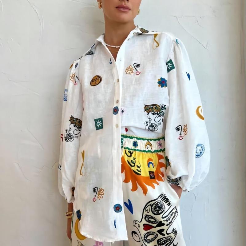 開襟シャツ レディース パフスリーブ 襟付き マカロンカラー 総柄プリント カジュアル スタイリッシュ ゆったり ポリエステル 春夏 ホワイト 通勤 普段使い