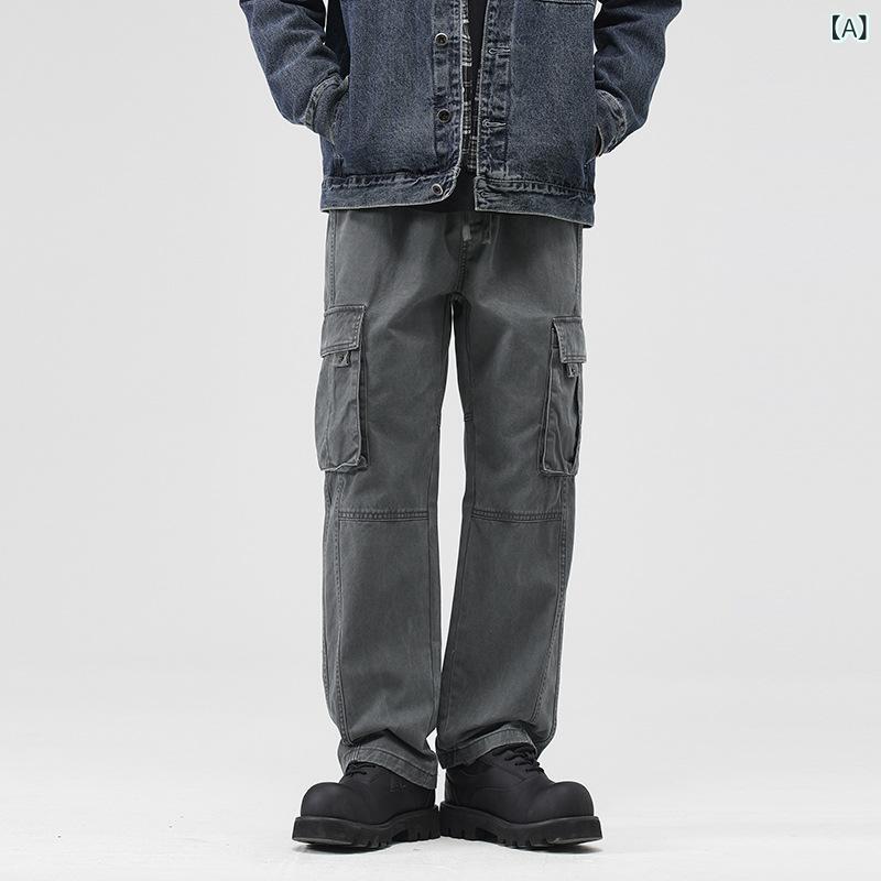 カーゴパンツ メンズ 綿ツイル ストレート 多ポケット ゆったり ルーズフィット アメリカン レトロ ワークスタイル ウエストゴム ロング丈 春秋 カジュアル 普段使い