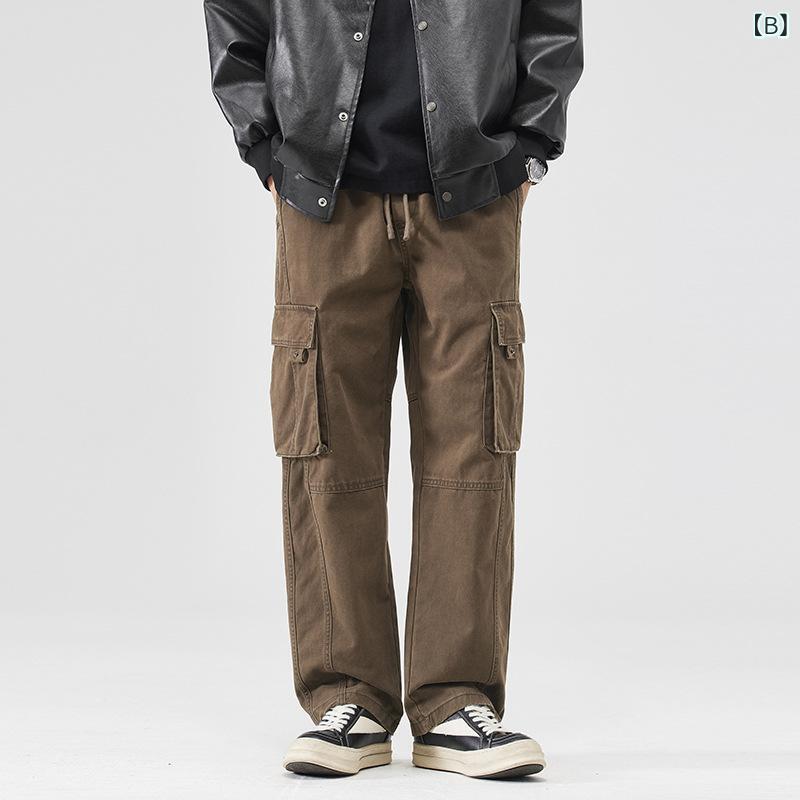 カーゴパンツ メンズ 綿ツイル ストレート 多ポケット ゆったり ルーズフィット アメリカン レトロ ワークスタイル ウエストゴム ロング丈 春秋 カジュアル 普段使い