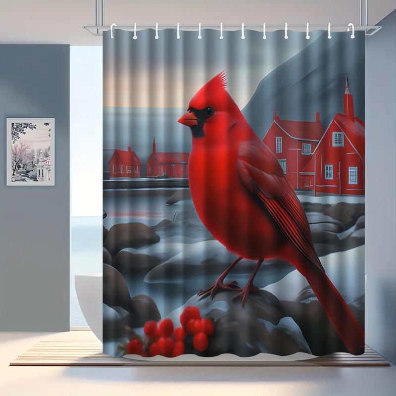 シャワーカーテン 防水 防カビ ポリエステル 鳥柄 デジタルプリント 赤色 バスルーム お風呂 間仕切り ユニットバス 洗濯可能
