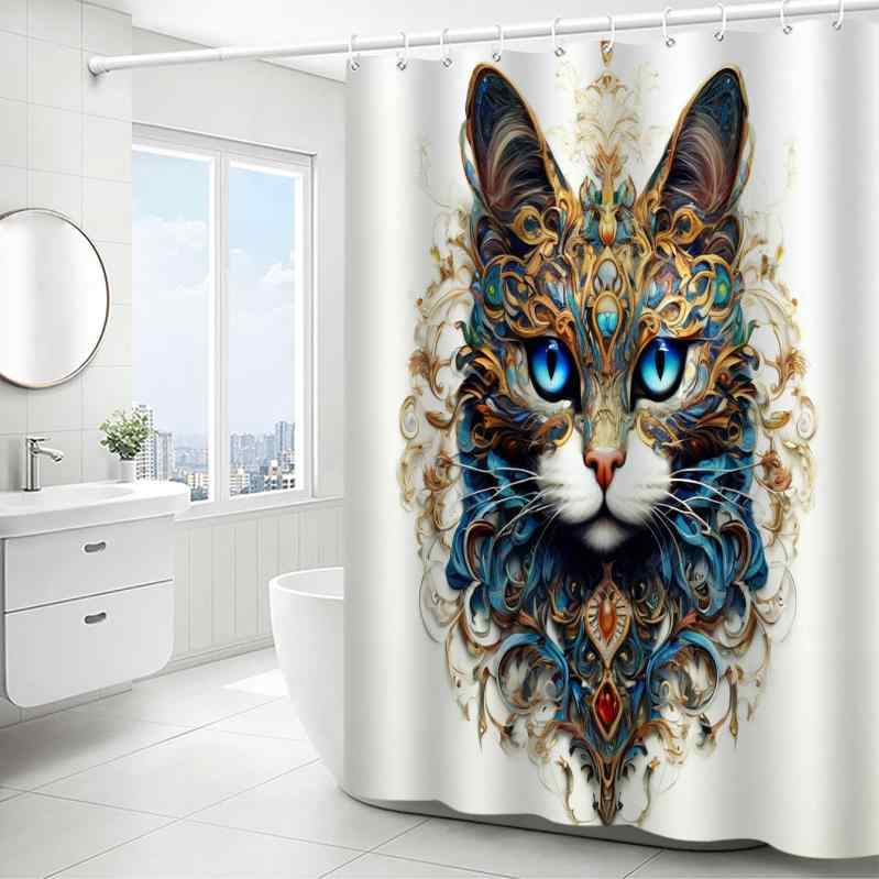 シャワーカーテン 防水 3D デジタルプリント 猫柄 ポリエステル バスカーテン 浴室 間仕切り 穴あけ不要 動物柄 目隠し ユニットバス 防カビ