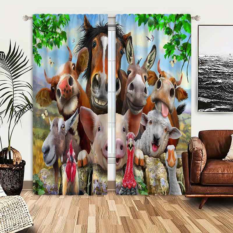 カーテン ポリエステル 防水 防カビ 高遮光 ハトメ式 動物モチーフ 牛 豚 馬柄 ユニーク おしゃれ 寝室..