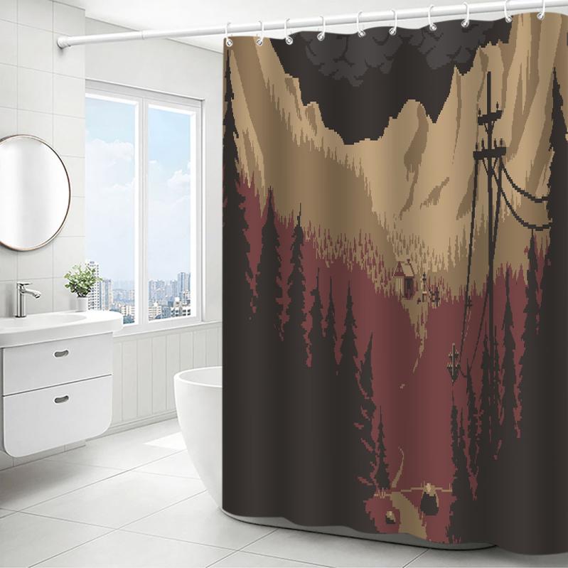 シャワーカーテン デジタル ピクセル柄 防水 撥水 ポリエステル製 間仕切り 目隠し 穴開け不要 洗える ..