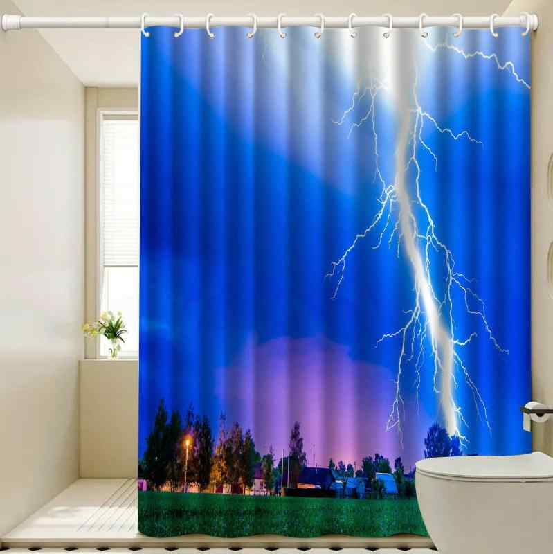 シャワーカーテン 稲妻柄 デジタルプリント 防水加工 バスルーム 浴室 間仕切り 目隠し 水はね防止 ポリエステル製 取り付け簡単 フック付き