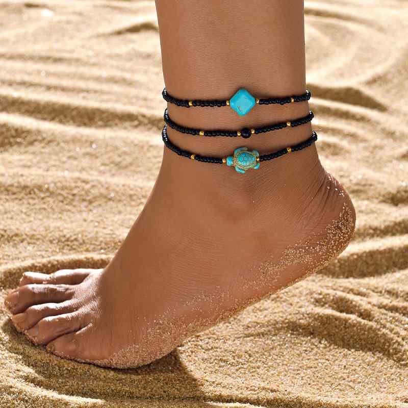 アンクレット レディース マリンスタイル ターコイズ ウミガメ 幾何学 四角形 ビーズ プラスチック 樹脂 伸縮性 3点セット ビーチ リゾート 夏 普段使い