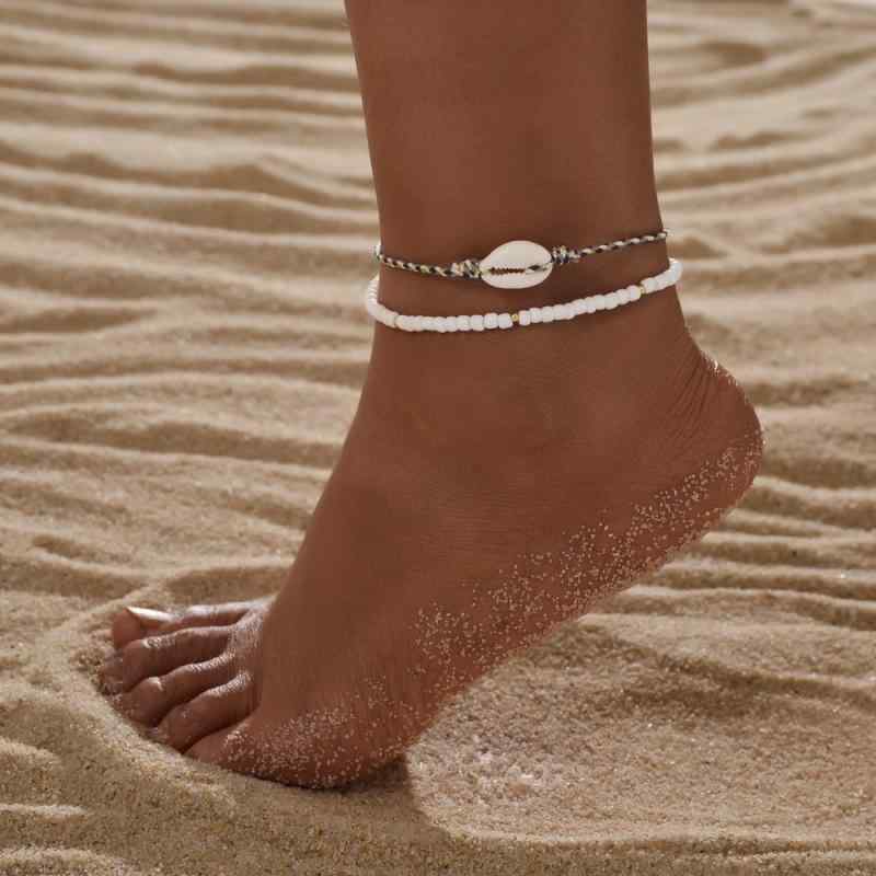 アンクレット レディース ボヘミアン リゾート風 ランダム 天然 貝殻 シェル 編み込み 木製ビーズ ウッドビーズ 伸縮性 ビーチ サマー レジャー 普段使い