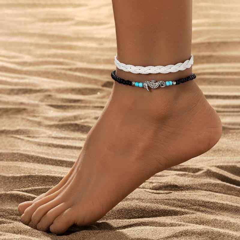 アンクレット レディース 個性 スタイリッシュ 合金 タツノオトシゴ チャーム ビーズ 伸縮性 編み込み サイズ調節 レトロ 幾何学 プラスチック 樹脂 サマー 2点セット